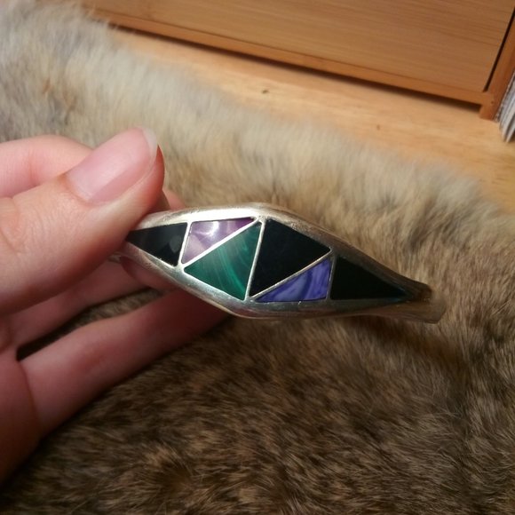 Sterling silver Mexican Taxco stone inlay bracelet - Picture 2 of 4